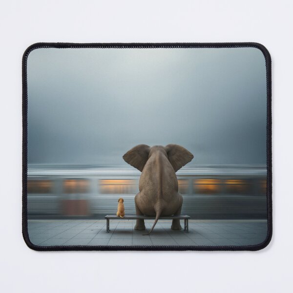 Item preview, Elephant and dog sit at a train station and watch a high-speed train pass by designed and sold by Mike Kiev art.