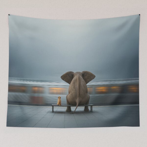 Item preview, Elephant and dog sit at a train station and watch a high-speed train pass by designed and sold by Mike Kiev art.