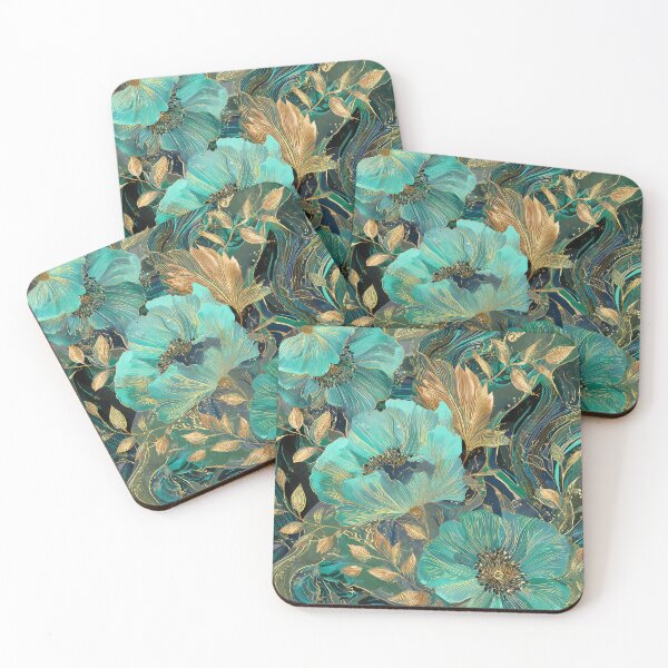 Artikelvorschau, Aqua Gold Swirl Floral Abstract Art – Elegantes botanisches Muster entworfen und verkauft von MysticCanvasAi.