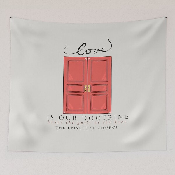 Item preview, Love is our doctrine.  Leave the guilt at the door.  designed and sold by Canterbury Episcopal Campus Ministry at Texas Tech University .