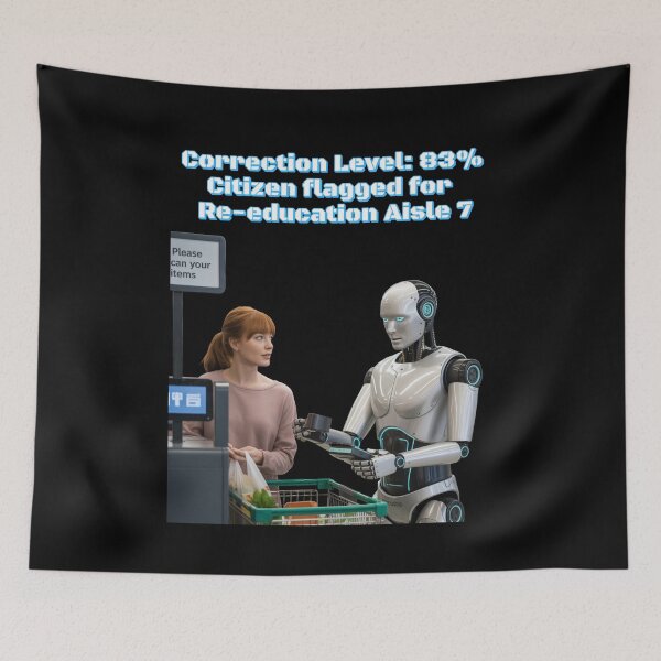 Item preview, Citizen Flagged for Re-education Aisle 7 - AI Robots Checkout Lane designed and sold by signshirtz.