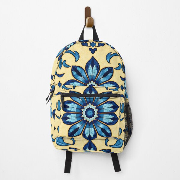 Item preview, Sunny Mediterranean Tile – Blue Floral Pattern on Warm Yellow designed and sold by EmeraldeaArt.