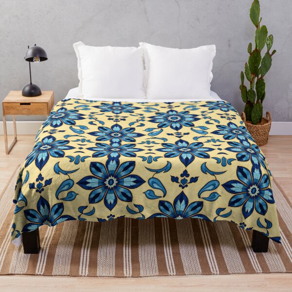 Item preview, Sunny Mediterranean Tile – Blue Floral Pattern on Warm Yellow designed and sold by EmeraldeaArt.