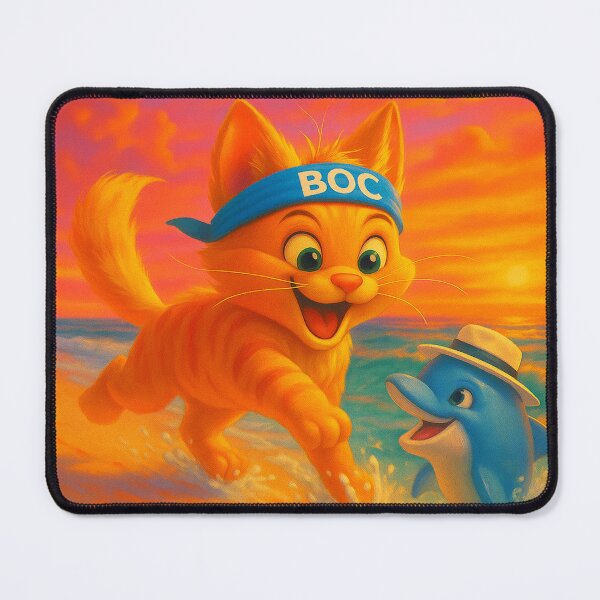 Item preview, BOC Beachy Orange Cat 8 - BOC Greets Blue Dolphin At Sunset As He Runs On The Beach designed and sold by Beachy.
