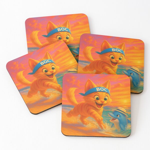 Item preview, BOC Beachy Orange Cat 8 - BOC Greets Blue Dolphin At Sunset As He Runs On The Beach designed and sold by Beachy.