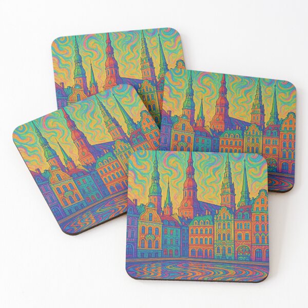 Item preview, Vibrant Psychedelic Art Poster Inspired by Riga | Retro Travel Wall Decor | Colorful Baltic Cityscape Illustration designed and sold by PaintedPixels01.