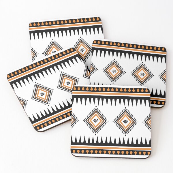 Item preview, old tribal geometric pattern with orange, black, and white tones featuring diamonds, triangles, and minimalistic ethnic motifs suitable for modern textiles or prints. designed and sold by UmmeeBio.