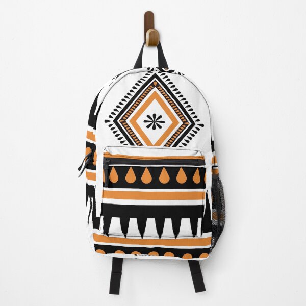 Item preview, old tribal geometric pattern with orange, black, and white tones featuring diamonds, triangles, and minimalistic ethnic motifs suitable for modern textiles or prints. designed and sold by UmmeeBio.