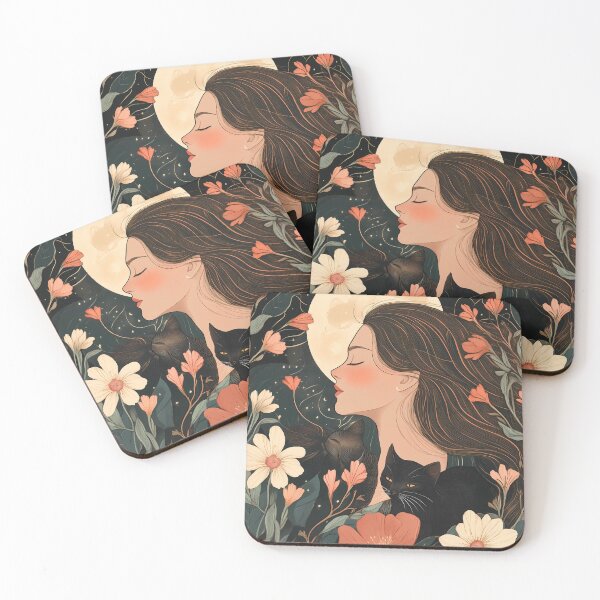 Item preview, Moonlit Whispers – Dreamy Floral Girl with Black Cats | Mystical Art Print designed and sold by MysticCanvasAi.