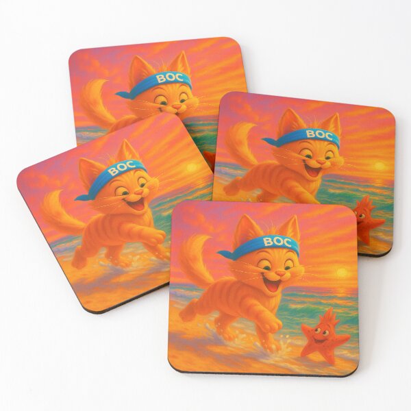 Item preview, BOC Beachy Orange Cat 9 - BOC Greets Red Starfish At Sunset As He Runs On The Beach designed and sold by Beachy.