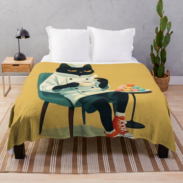 Item preview, Relaxed Black Pastry Cat with Coffee and Macarons – Cozy Chef Illustration designed and sold by CozyCatCafe.