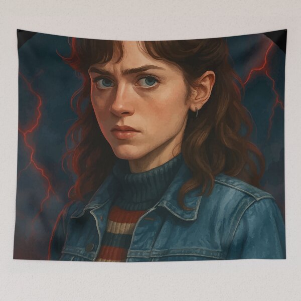 Item preview, NANCY Moody Retro Portrait with Lightning Background – Vintage Denim Aesthetic Art designed and sold by brexastore.
