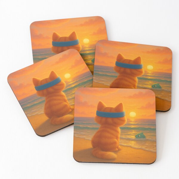 Item preview, BOC Beachy Orange Cat 12 - BOC and His Green Fish Friend Enjoy The Beach Sunset designed and sold by Beachy.