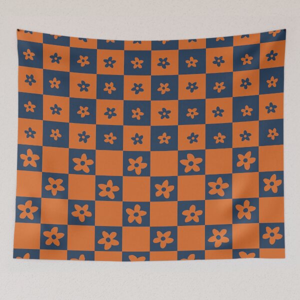 Item preview, Abstract Floral Checker Pattern 11 in Navy Blue Orange designed and sold by nineFlorals.