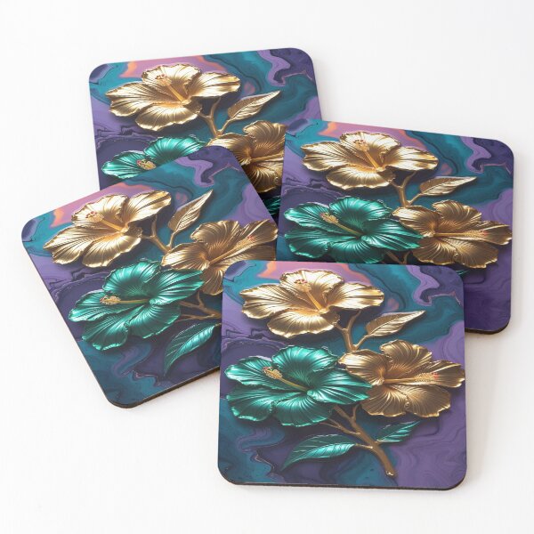 Item preview, Lifestyle Hub: Hibiscus Silhouettes In Emerald Green & Metallic Gold designed and sold by M&M Lifestyle Hub.