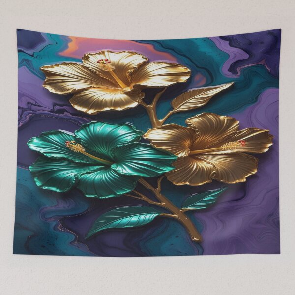 Item preview, Lifestyle Hub: Hibiscus Silhouettes In Emerald Green & Metallic Gold designed and sold by M&M Lifestyle Hub.