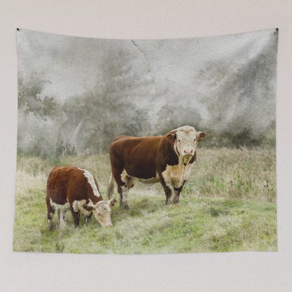 Item preview, Hereford Bull and Cow Watercolour Photograph designed and sold by Jane Stanley Photography.