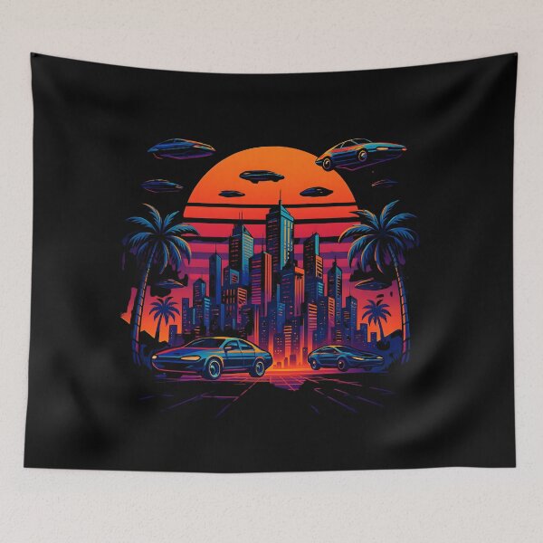 Item preview, Retrofuturistic Sunset Cityscape – Synthwave Flying Cars & Neon Skyline designed and sold by JaroPrints.