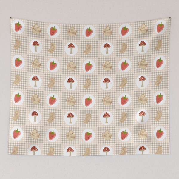 Artikelvorschau, Cottagecore Gingham-Picknickmuster mit Erdbeeren, Pilzen, Korb, Socken entworfen und verkauft von Maussa Ivimas.