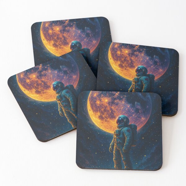 Item preview, Lunar Guardian – Astronaut Standing Before the Moon, Cosmic Night Sky Art designed and sold by Gold Turtle  Lina.
