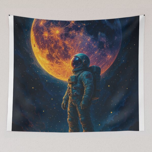 Item preview, Lunar Guardian – Astronaut Standing Before the Moon, Cosmic Night Sky Art designed and sold by Gold Turtle  Lina.