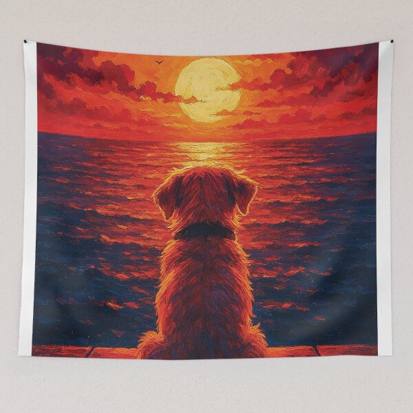 Item preview, Golden Sunset with Dog – Peaceful Ocean View Animal Painting designed and sold by Gold Turtle  Lina.