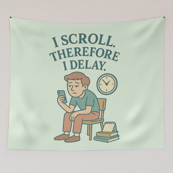 Item preview, I Scroll. Therefore I Delay – Funny Modern Procrastination Design designed and sold by ArcadiaSilence.