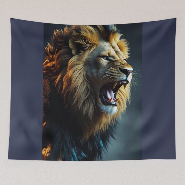 Artikelvorschau, King of the Jungle – Golden Roaring Lion with Blue Details entworfen und verkauft von Creative Design Studio.