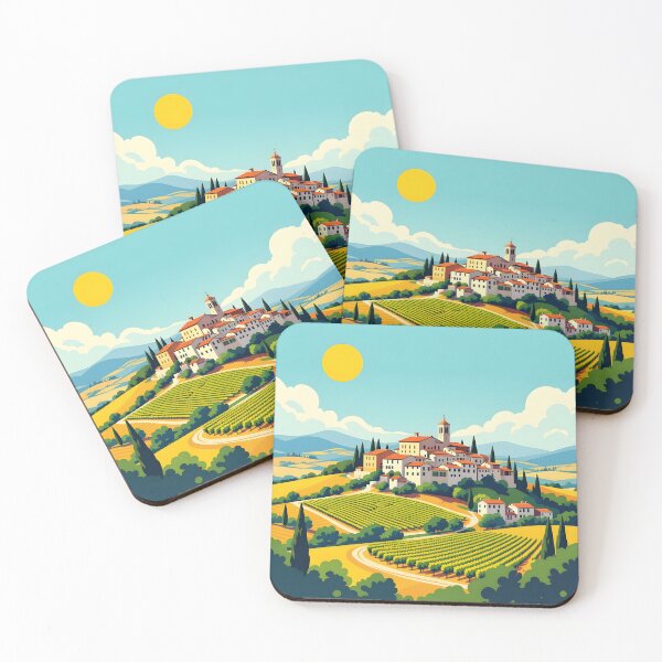 Item preview, Colorful Tuscan Hilltop Village – Minimalist Vintage Travel Style Illustration designed and sold by EmeraldeaArt.