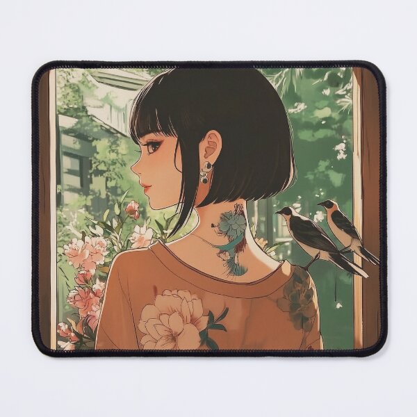 Item preview, Geisha with Flowers and Birds in Tranquil Garden – Minimalist Anime Style designed and sold by mi33x.