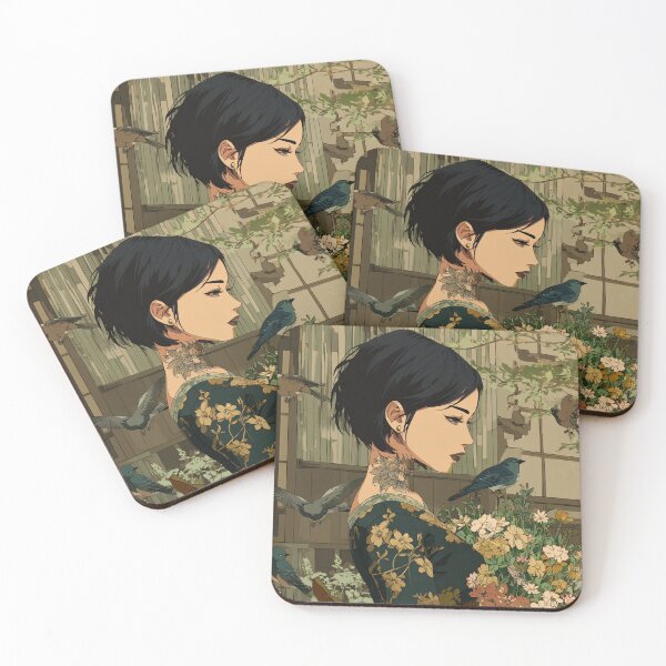 Item preview, Geisha with Flowers and Birds in Tranquil Garden – Minimalist Anime Style designed and sold by mi33x.