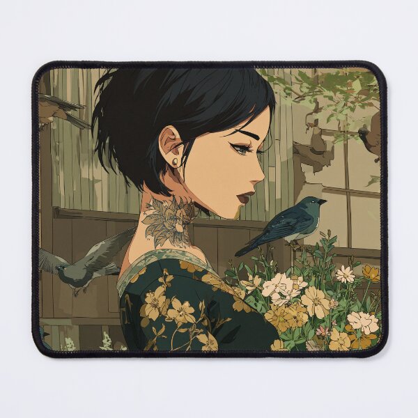 Item preview, Geisha with Flowers and Birds in Tranquil Garden – Minimalist Anime Style designed and sold by mi33x.