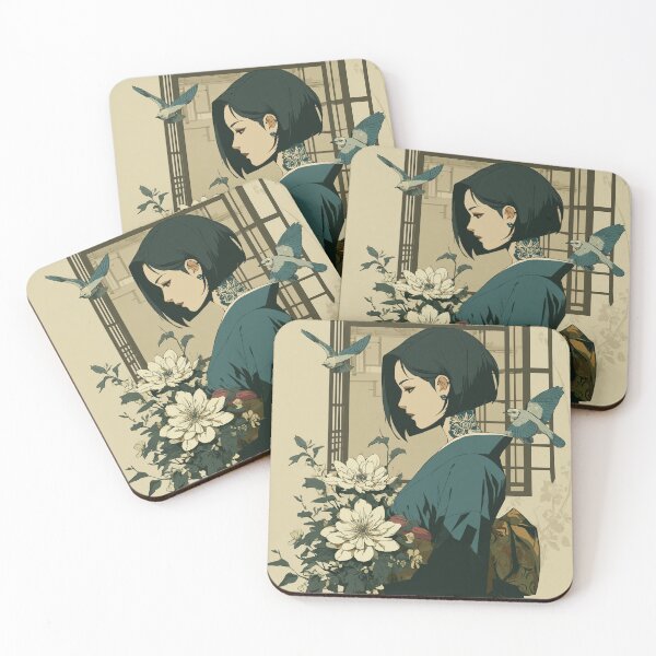 Item preview, Geisha with Flowers and Birds in Tranquil Garden – Minimalist Anime Style designed and sold by mi33x.