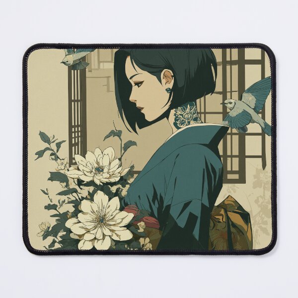 Item preview, Geisha with Flowers and Birds in Tranquil Garden – Minimalist Anime Style designed and sold by mi33x.