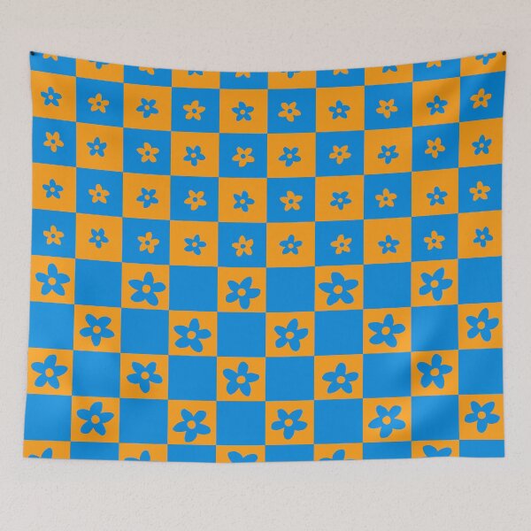 Item preview, Abstract Floral Checker Pattern 26 in Blue Orange designed and sold by nineFlorals.