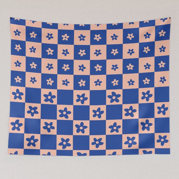 Item preview, Abstract Floral Checker Pattern 25 in Blue Peach designed and sold by nineFlorals.