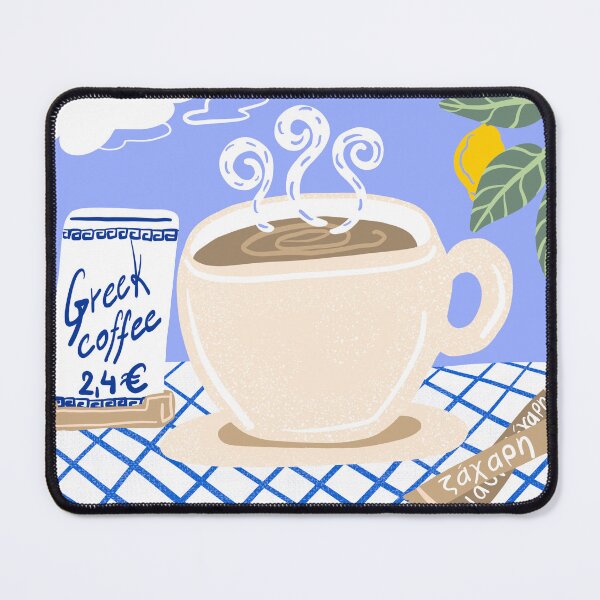 Item preview, Greek coffee cute cup with lemon tree cozy scene designed and sold by KaroLeenaDesign.