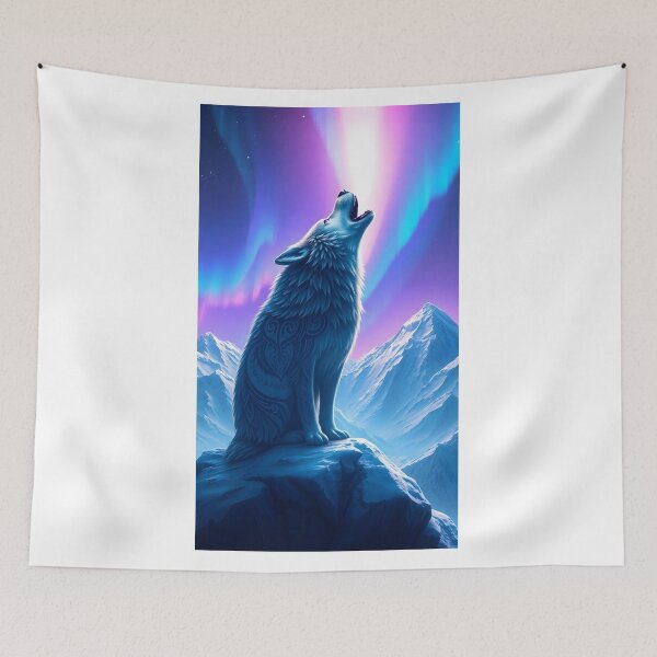 Item preview, Highly Detailed Digital Painting of a Majestic Wolf Howling Under Aurora Borealis in a Snowy Mountain Landscape, Evoking Mystical and Spiritual Themes designed and sold by Jayara [Born To Reign].