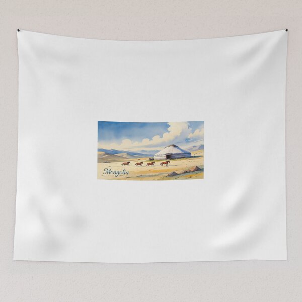 Item preview, Mongolian plain, yurts, and horses in watercolor | nomadic art | design of freedom and tradition designed and sold by StormArte.
