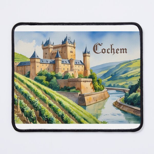 Item preview, Watercolor Cochem Castle, vineyards, and the Moselle River | medieval design | German fairytale landscape designed and sold by StormArte.