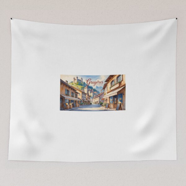 Item preview, Gruyères village in Switzerland, street and castle illustration | Alpine watercolor art | gourmet and medieval design designed and sold by StormArte.
