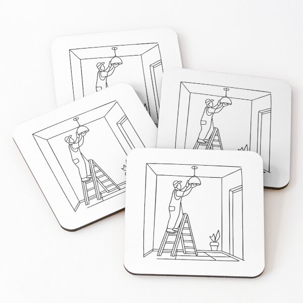 Item preview, Worker on a ladder installing a light fixture in a renovated room designed and sold by rasagamastore.