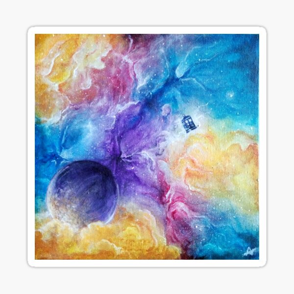 Item preview, "Sci-Fi Space Scene with the TARDIS – Acrylic Artwork of Colorful Galaxies and Planet, Doctor Who designed and sold by Artiqaly.