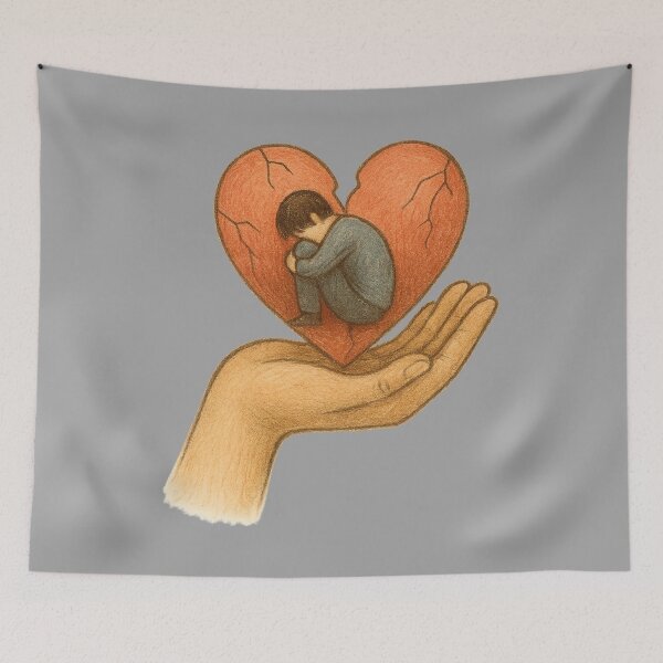 Item preview, Heartbreak Support Art – Sad Person in Cracked Heart Held by Hand Illustration designed and sold by Just Meaningful.