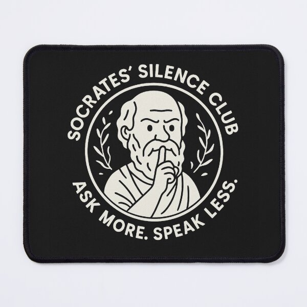 Item preview, Socrates’ Silence Club – Ask More. Speak Less. (Philosophy Badge Tee) designed and sold by PHILOSOPHY-SWAG.