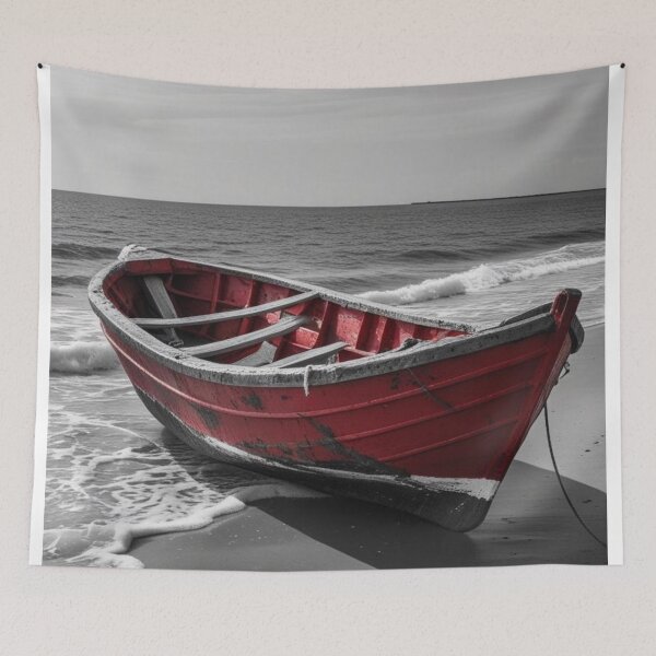 Item preview, Red Boat on a Silent Shore – Dramatic Coastal Stillness designed and sold by SmyrnaArtGalery.