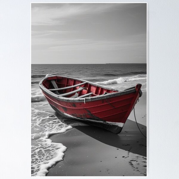 Item preview, Red Boat on a Silent Shore – Dramatic Coastal Stillness designed and sold by SmyrnaArtGalery.