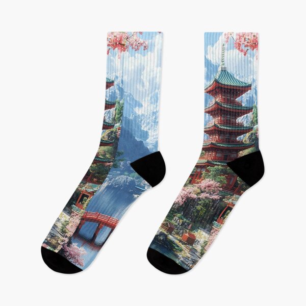 Item preview, Japanese Landscape Majestic Pagodas and Blossoms Beside Tranquil Mountain Lake designed and sold by PMartistStudio.