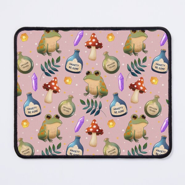 Item preview, Magical Frog Potions on Pink – Cute Witchy Forest Pattern with Crystals, Toadstools and Anxiety Be Gone Bottles designed and sold by Lone Jensen.