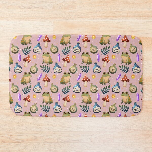 Item preview, Magical Frog Potions on Pink – Cute Witchy Forest Pattern with Crystals, Toadstools and Anxiety Be Gone Bottles designed and sold by Lone Jensen.
